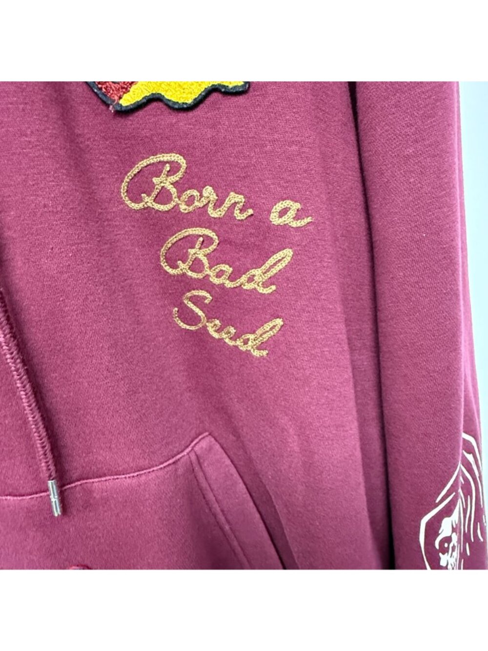 True Religion Men's Relaxed Fit Patch Graphic Hoodie Burgundy - Picture 14 of 16